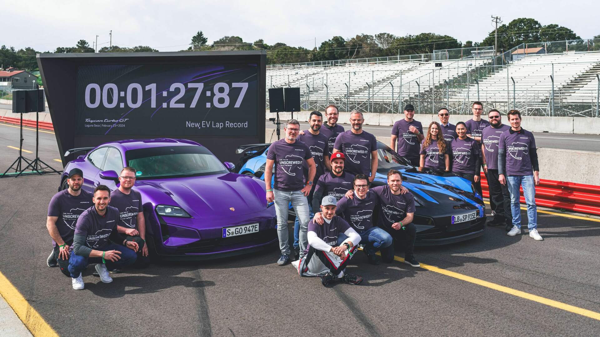 The Porsche Taycan Turbo GT Team At The California Track After Setting The Lap Record (Credits: Porsche Newsroom)