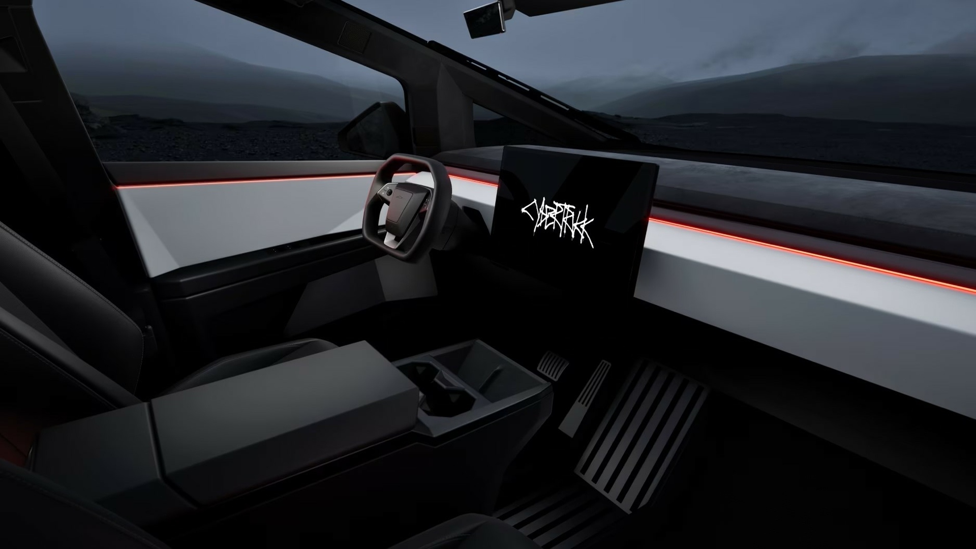 The Interior, Steering And Central Console Of A Tesla Cybertruck (Credits Tesla)
