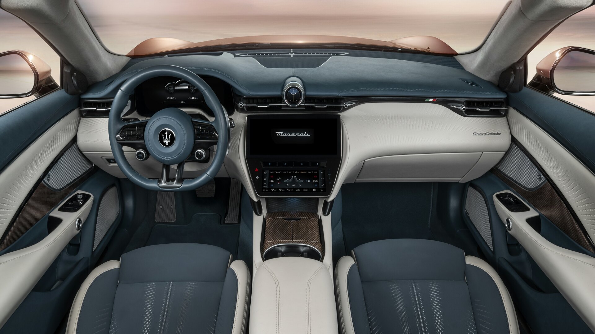 The Interior, Steering, Dashboard, And Central Console Of A 2025 Maserati GranCabrio Folgore EV (Credits Maserati Media Site)