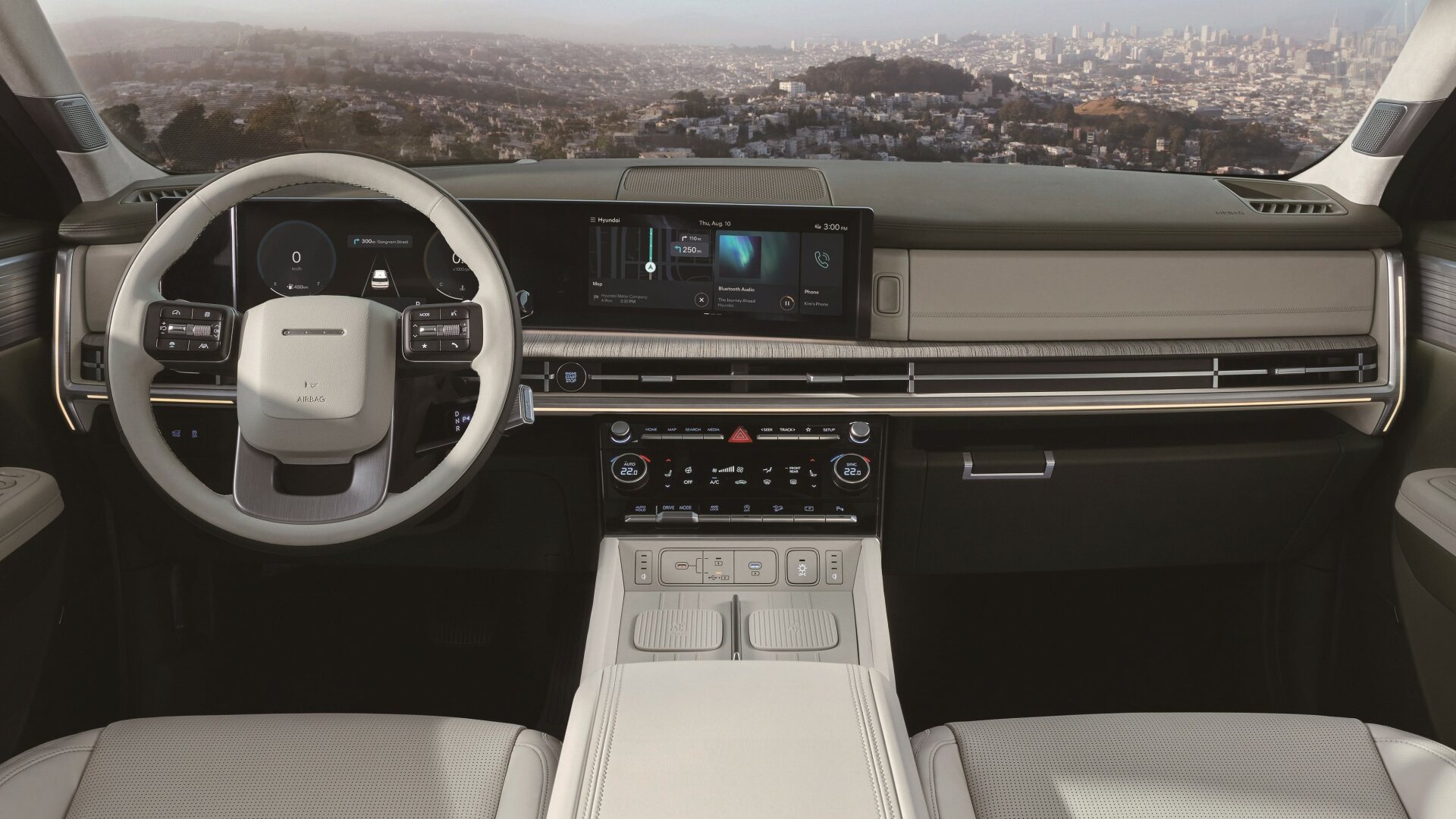 The Interior, Steering, Dashboard, And Central Console Of A Hyundai Santa Fe (Credits: Hyundai Santa Fe e-Brochure)