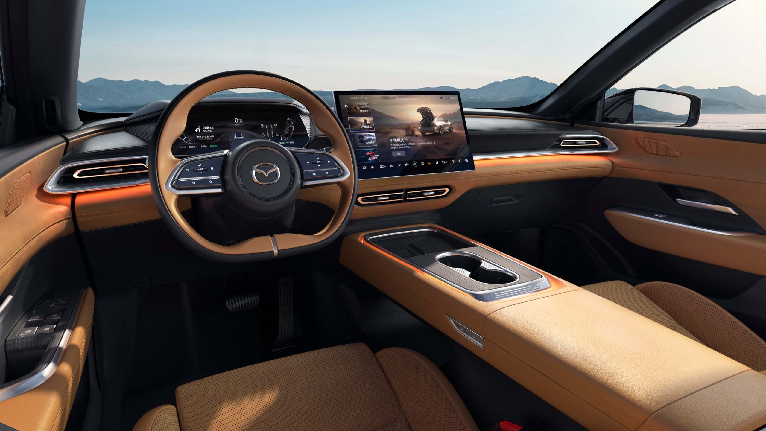 The Interior, Steering Wheel, Dashboard, And Central Console Of The New Mazda EZ-6 Revealed At The 2024 Beijing International Automotive Exhibition (Credits: Mazda Newsroom)