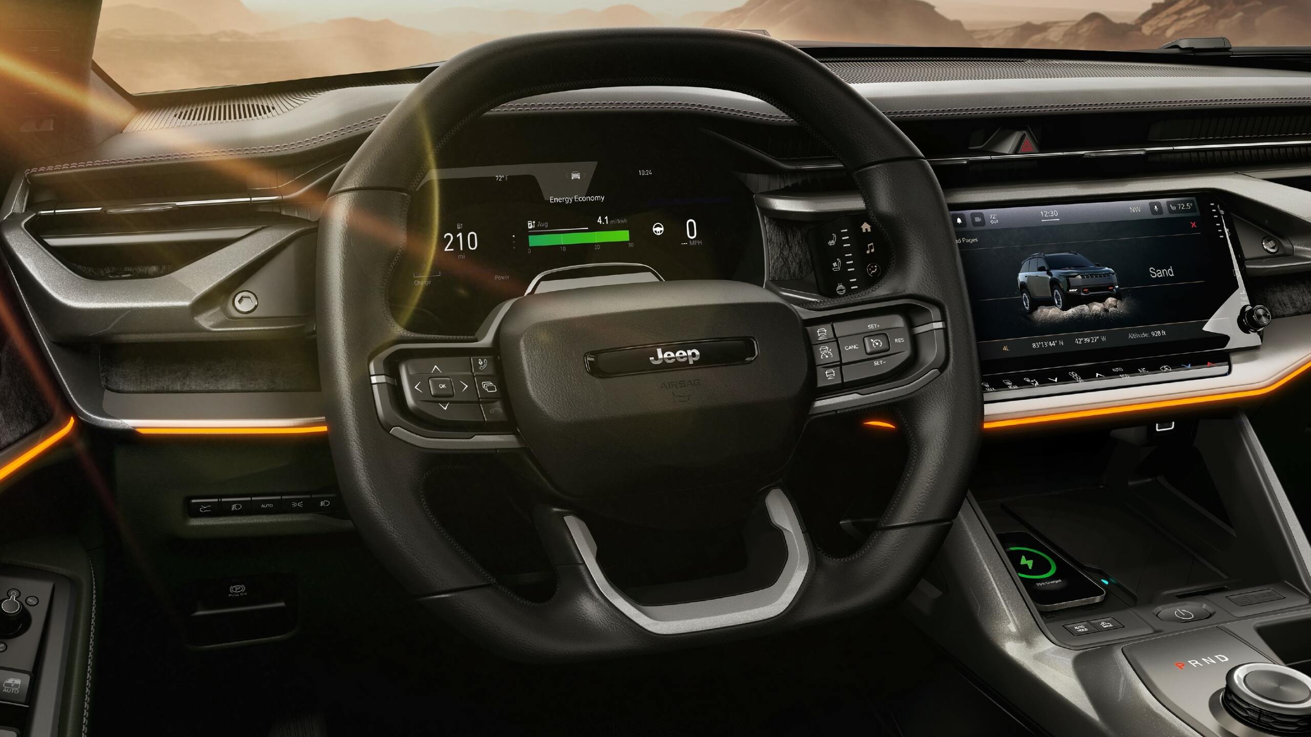 Close Up Of The Steering Wheel, Dashboard, And Center Console Of The Jeep Wagoneer S Trailhawk Concept