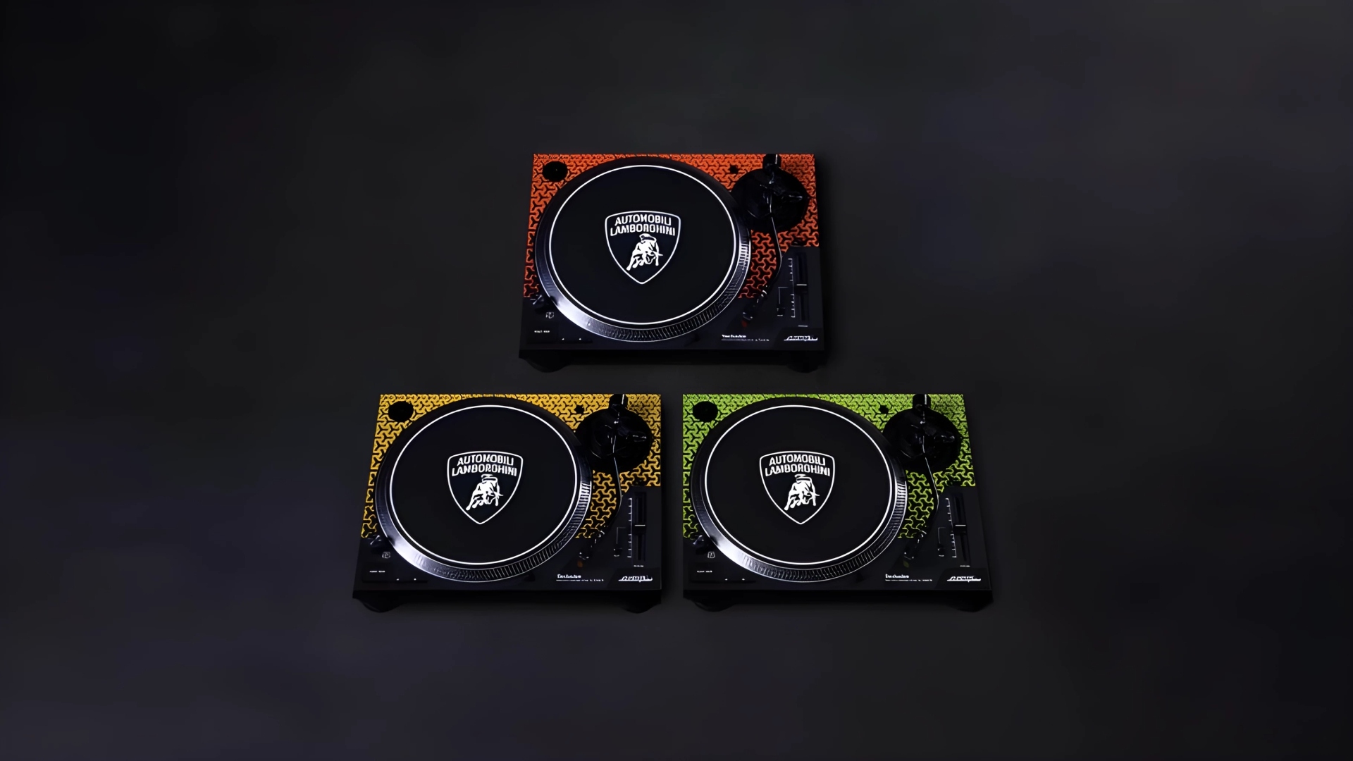 SL-1200M7B Turntables In Orange, Yellow, And Green Colors Respectively Inspired By Lamborghini Super Sports Cars