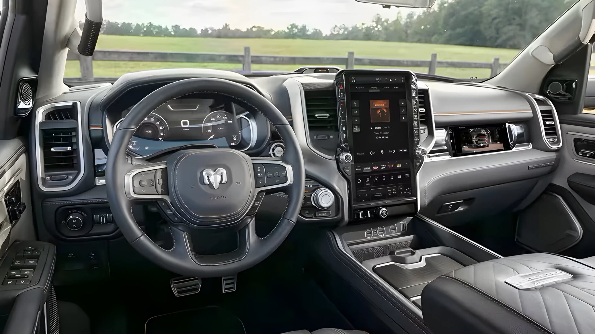 The Interior, Steering, Dashboard, And Central Console Of A 2025 Ram 1500 (Credits Ram Trucks)