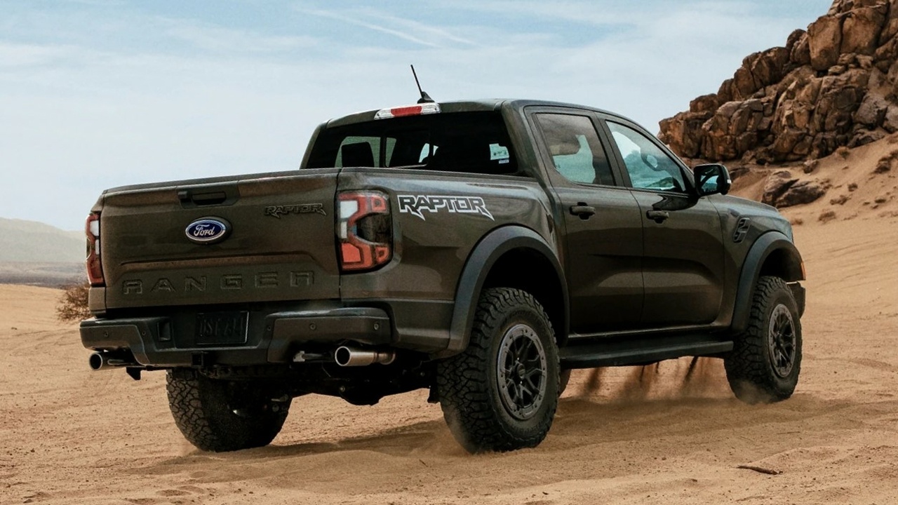The Rear And Side Profile Of The 2024 Ford Ranger - Exterior Shade Shadow Black (Credits Ford)