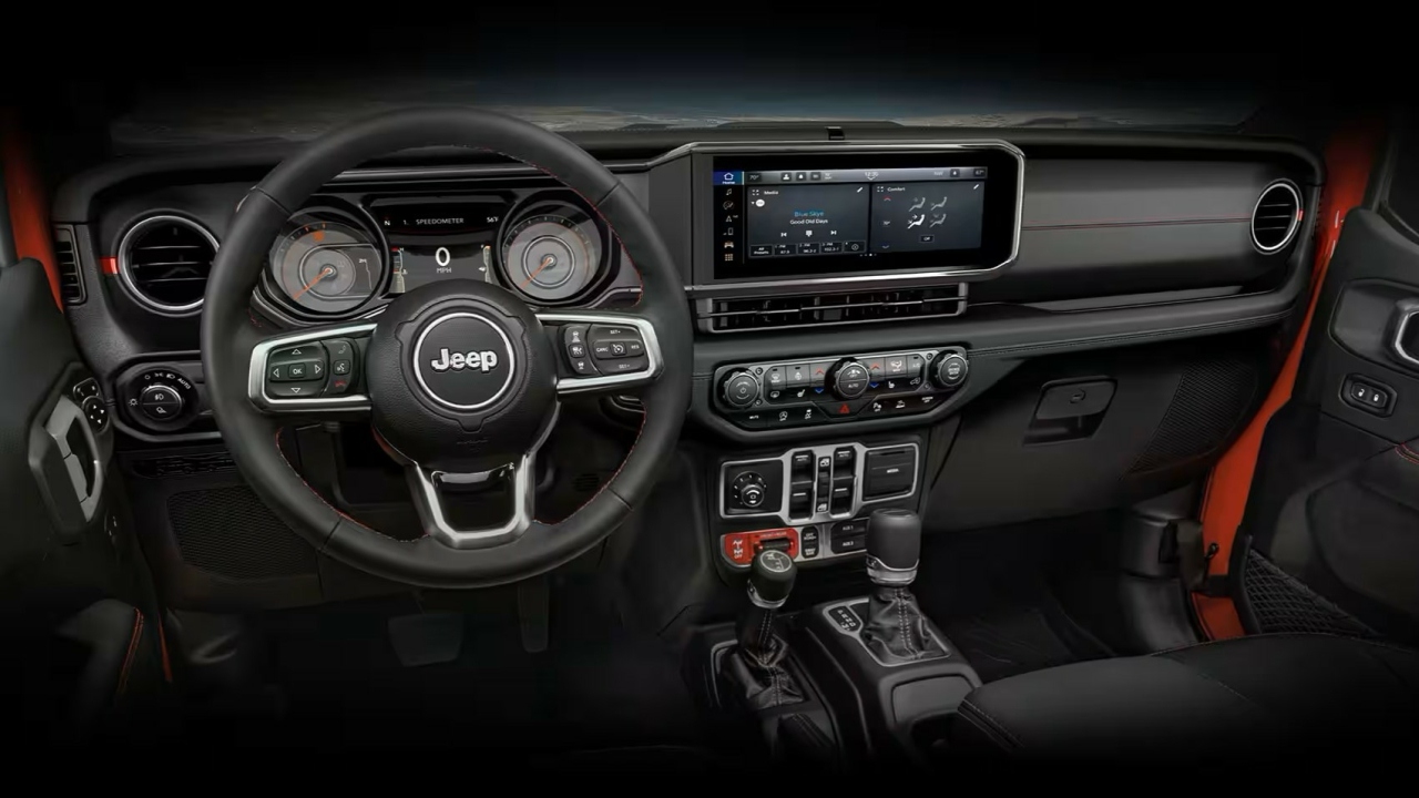 The Steering Wheel, Dashboard, And Central Console Of A 2024 Jeep Gladiator (Credits Jeep)