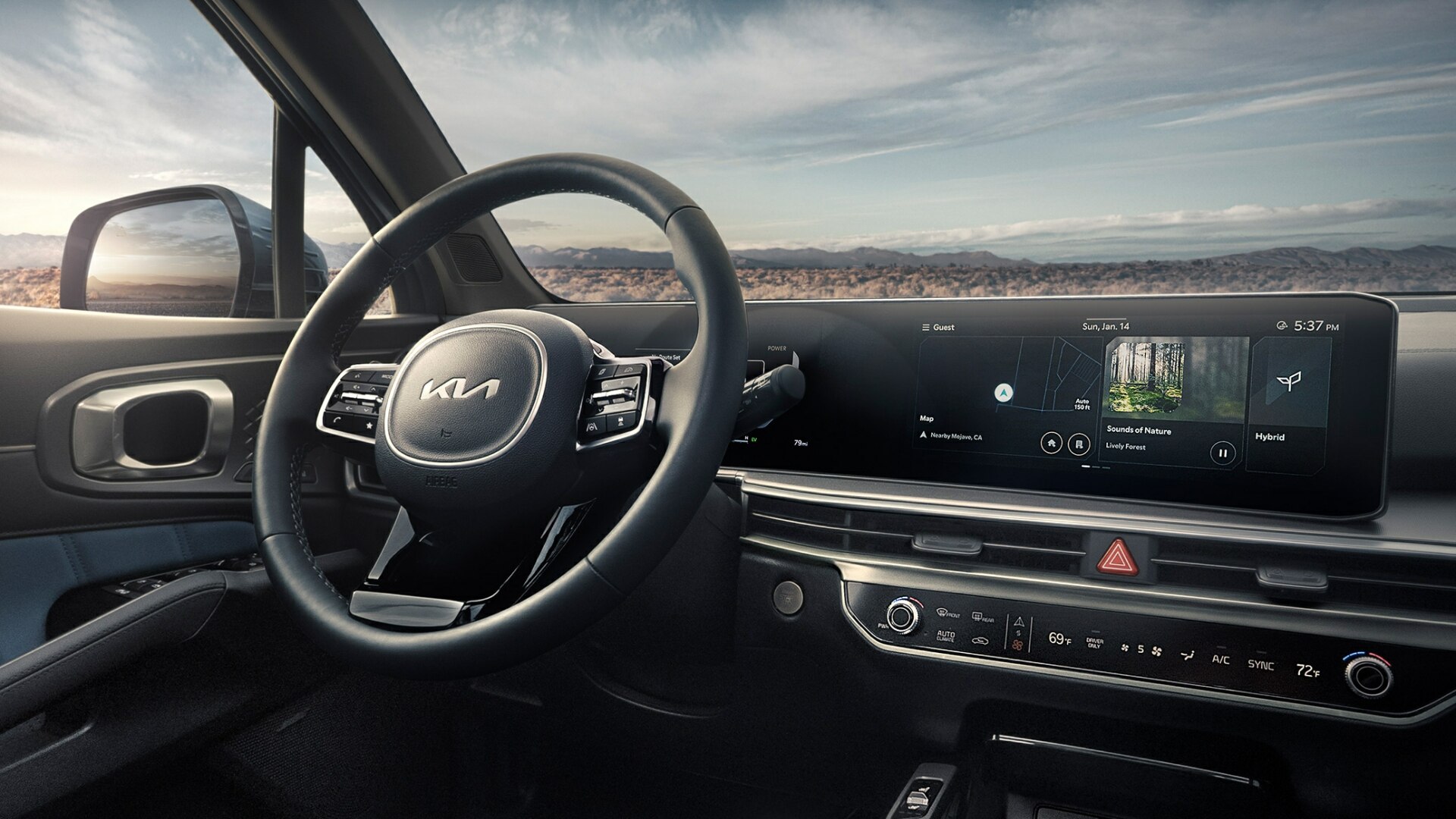 The Steering Wheel, Dashboard, And Central Console Of A 2025 Sorento Hybrid - Interior Trim Black SynTex Seat Trim