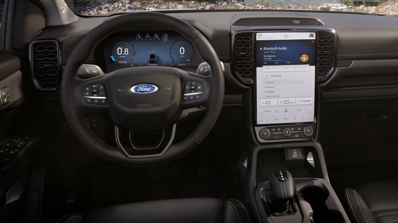 The Steering Wheel, Dashboard, And The 12 Inch Center Stack Screen Of A 2024 Ford Ranger (Credits Ford)