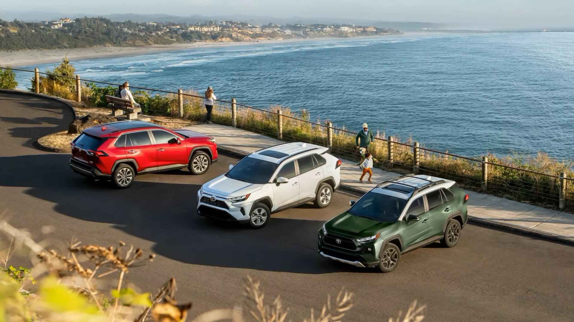 The Trio Of Toyota RAV4 Hybrid - Exterior Shades Ruby Flare Pearl (Left), Ice Cap (Middle), And Army Green & Ice Edge Roof (Right) (Credits: Toyota)