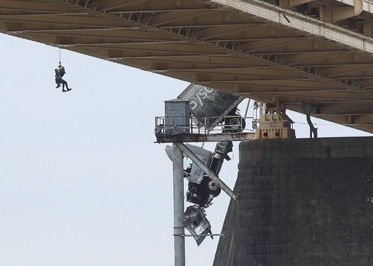 Semi-Truck Dangling Off Bridge Following Collision