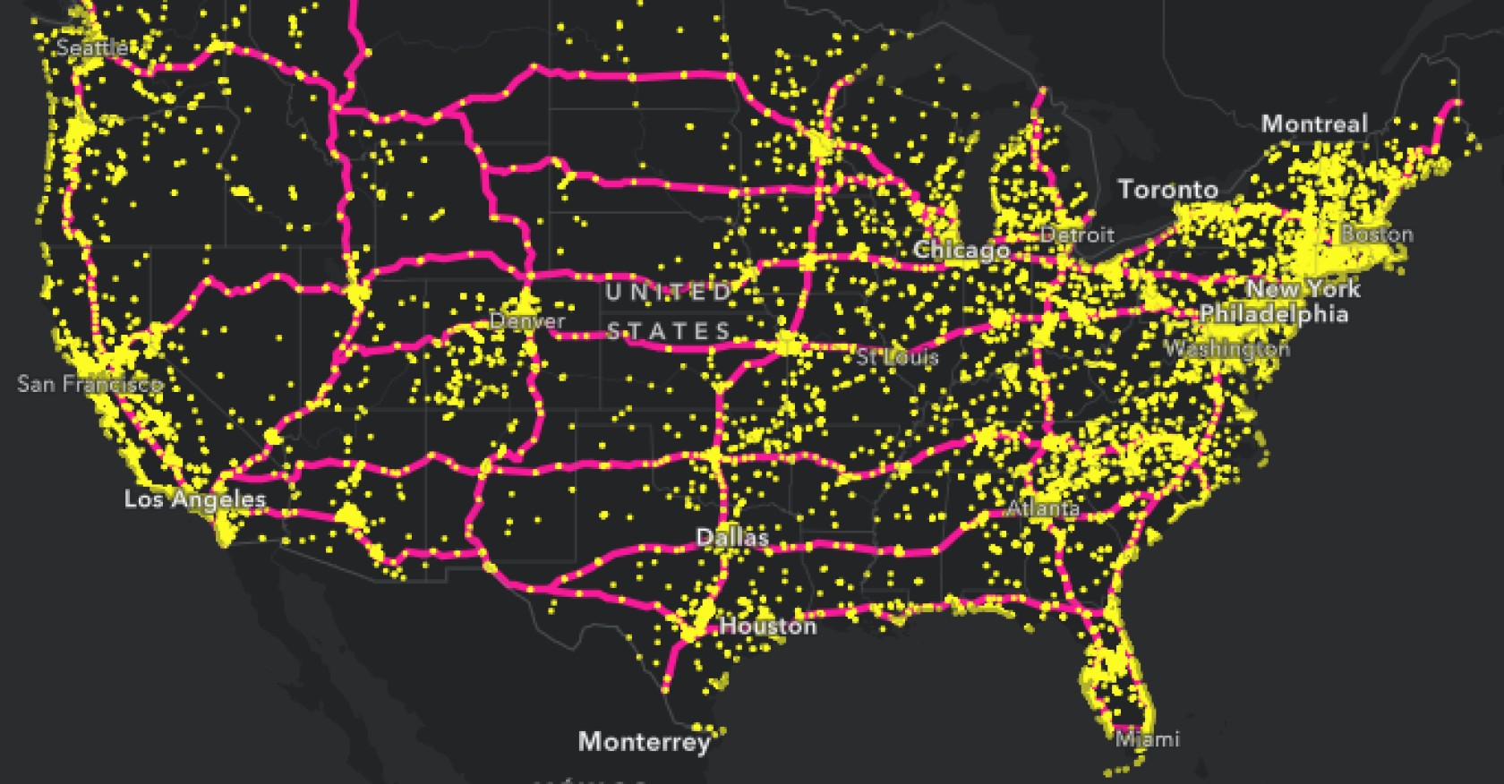 A map highlighting the locations of various EV charging stations across the United States