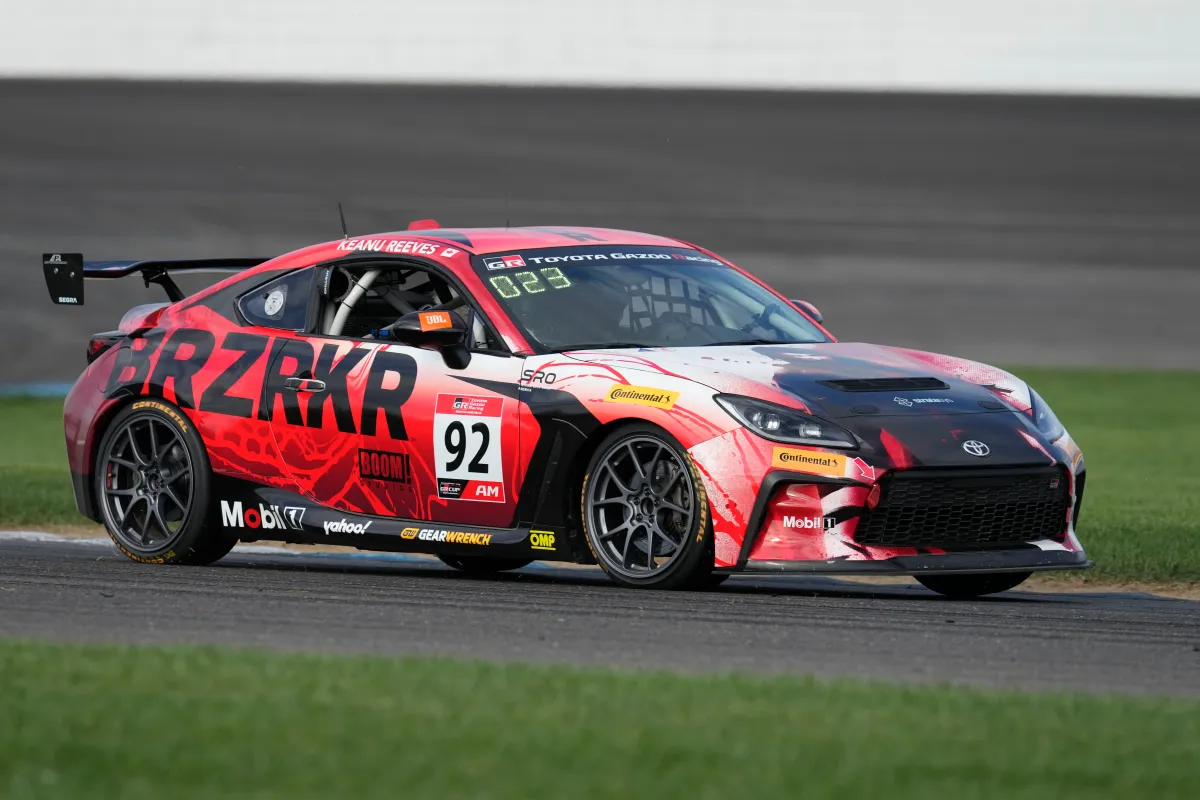 Keanu Reeves drives during the GR Cup Series in Indianapolis