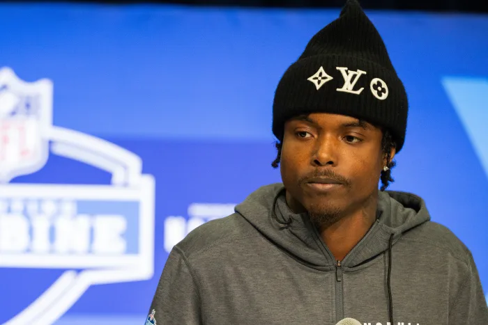 Khyree Jackson talks to the media during the 2024 NFL Combine at Lucas Oil Stadium