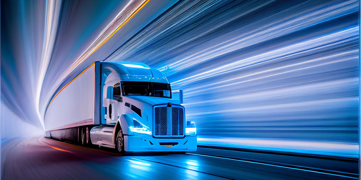 Truck bus electric car of the future rides on the road in the tunnel, eco clean environment without harmful waste, neon light at night in the tunnel, long exposure. Generative AI