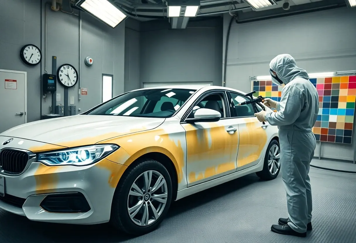 White BMW sedan undergoing professional auto body painting