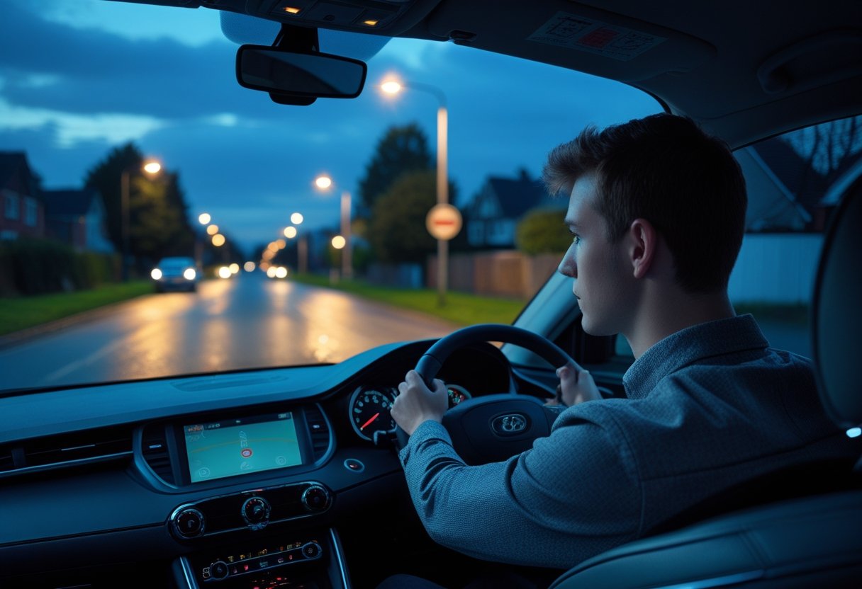 A driver driving a car at night