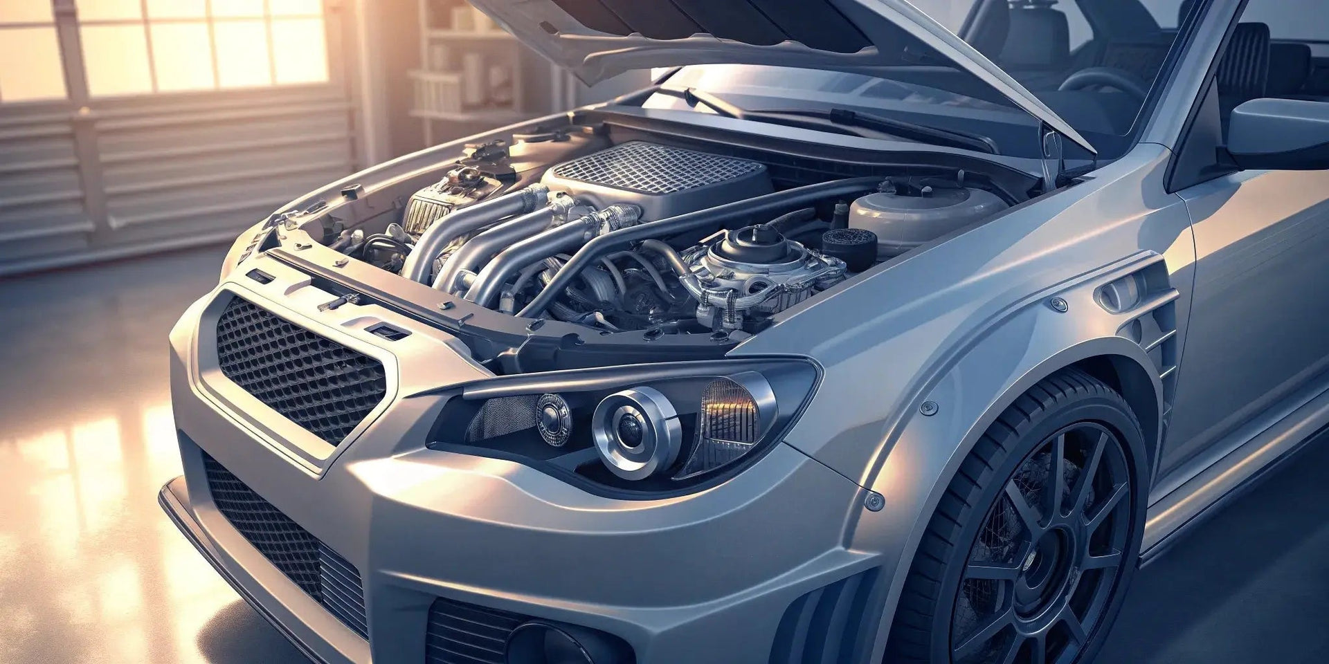 Modified engine bay of a Subaru Impreza WRX STI Modified engine bay of a Subaru Impreza WRX STI