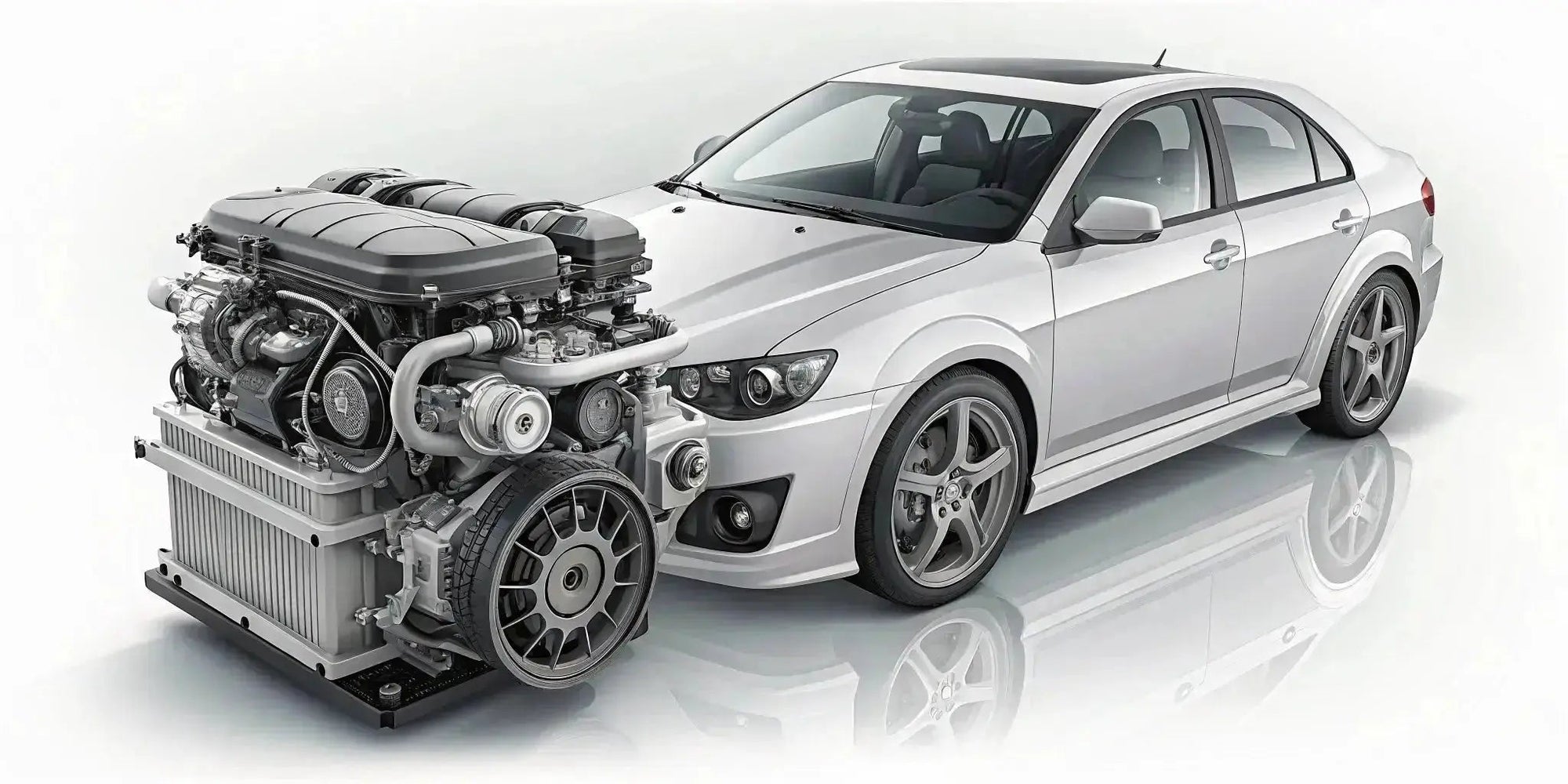 Subaru WRX sedan alongside a detailed illustration of its engine