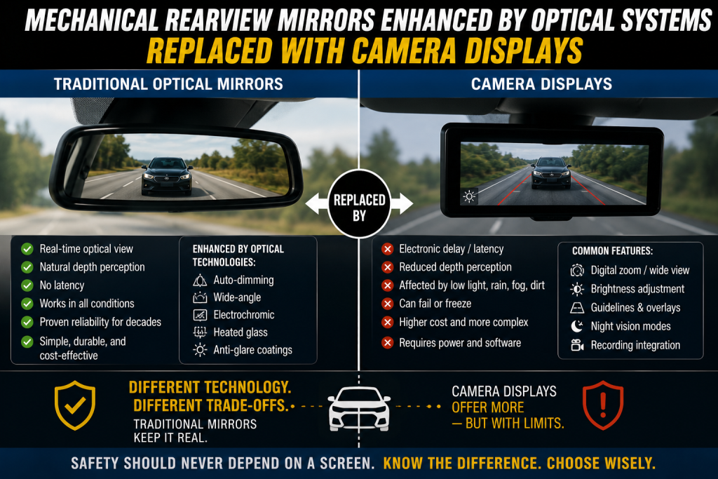 Mechanical Rearview Mirrors Enhanced by Optical Systems Replaced With Camera Displays