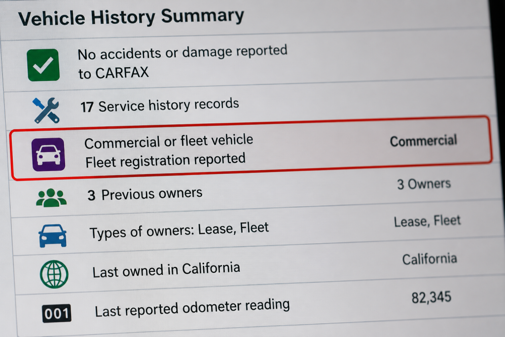 Vehicle History Report Shows Commercial Or Fleet Registration