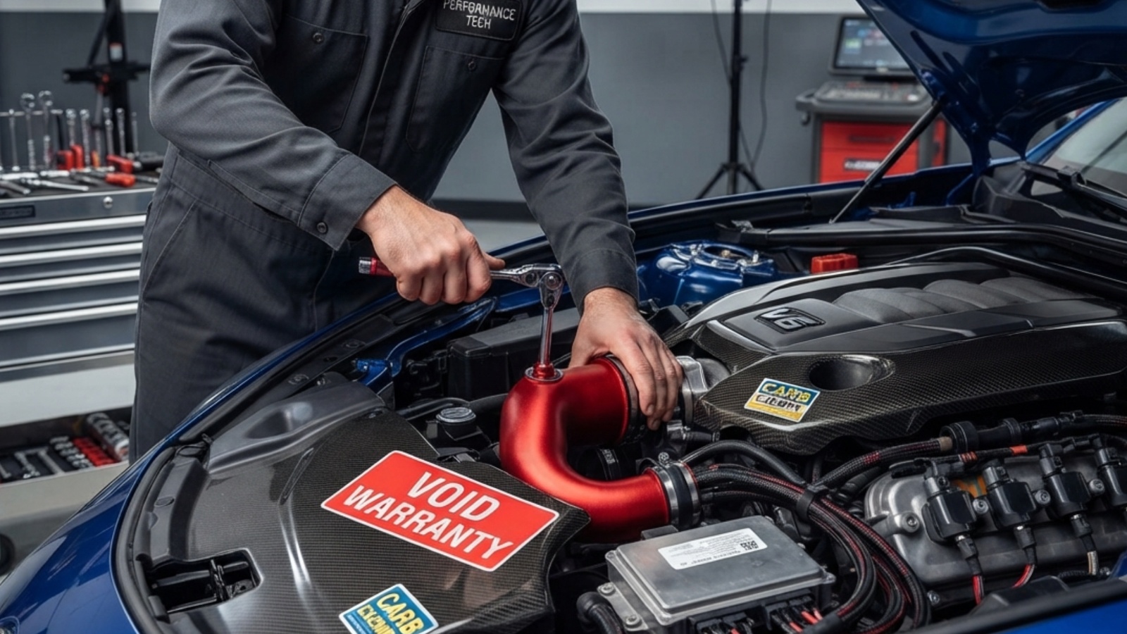 A mechanic in a grey jumpsuit uses a ratchet under a car's hood