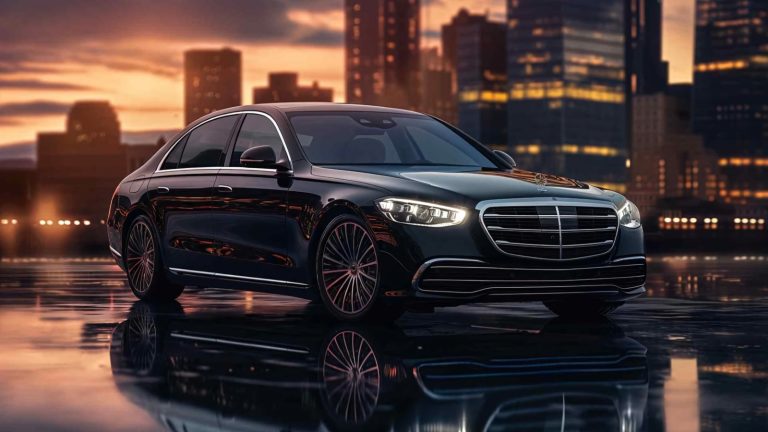 A luxury black sedan parked against a glowing city skyline sunset