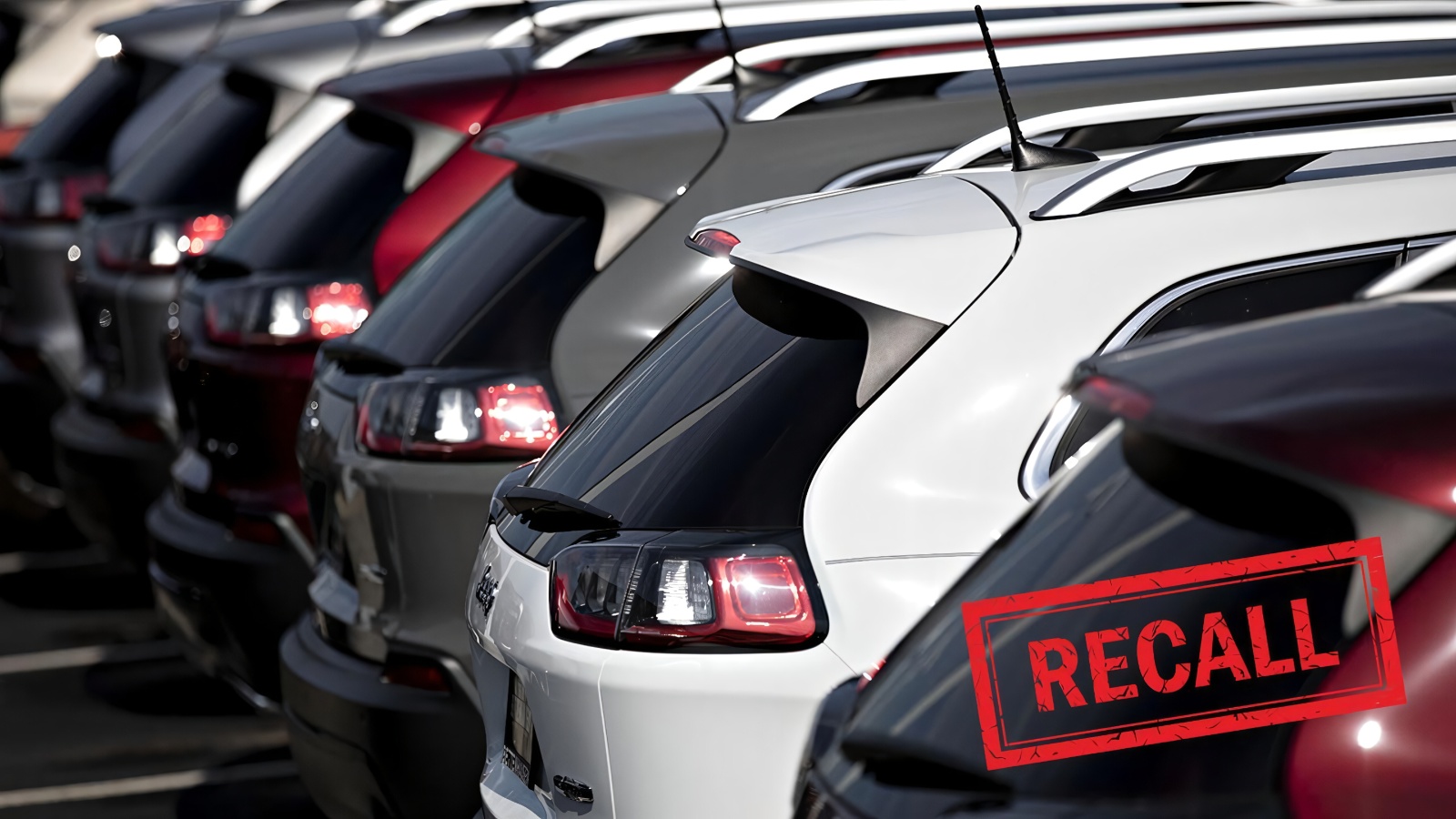 A row of parked SUVs with a red 'RECALL' stamp in the foreground