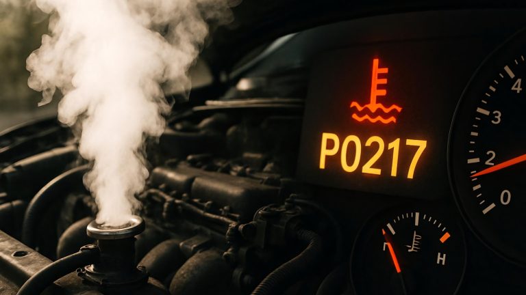 Thick white smoke rising from a steaming car engine with a warning light