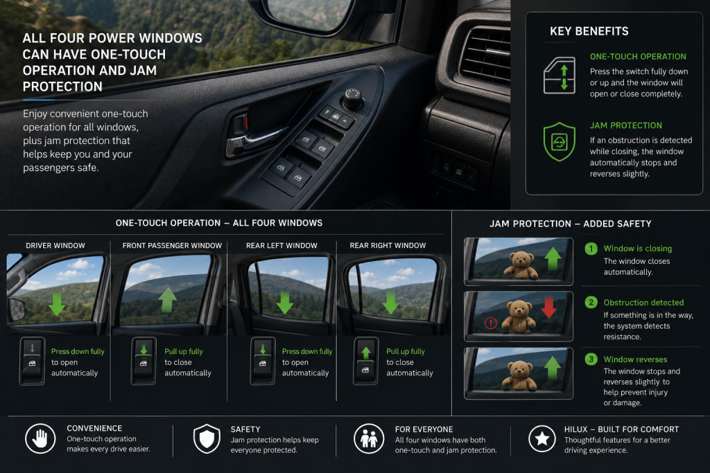 All Four Power Windows Can Have One Touch Operation and Jam Protection