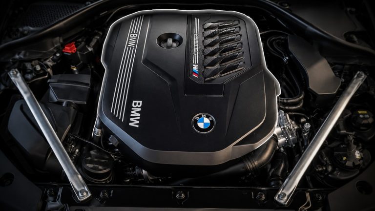 Close-up of BMW B58 turbocharged inline-six engine with M Performance engine cover