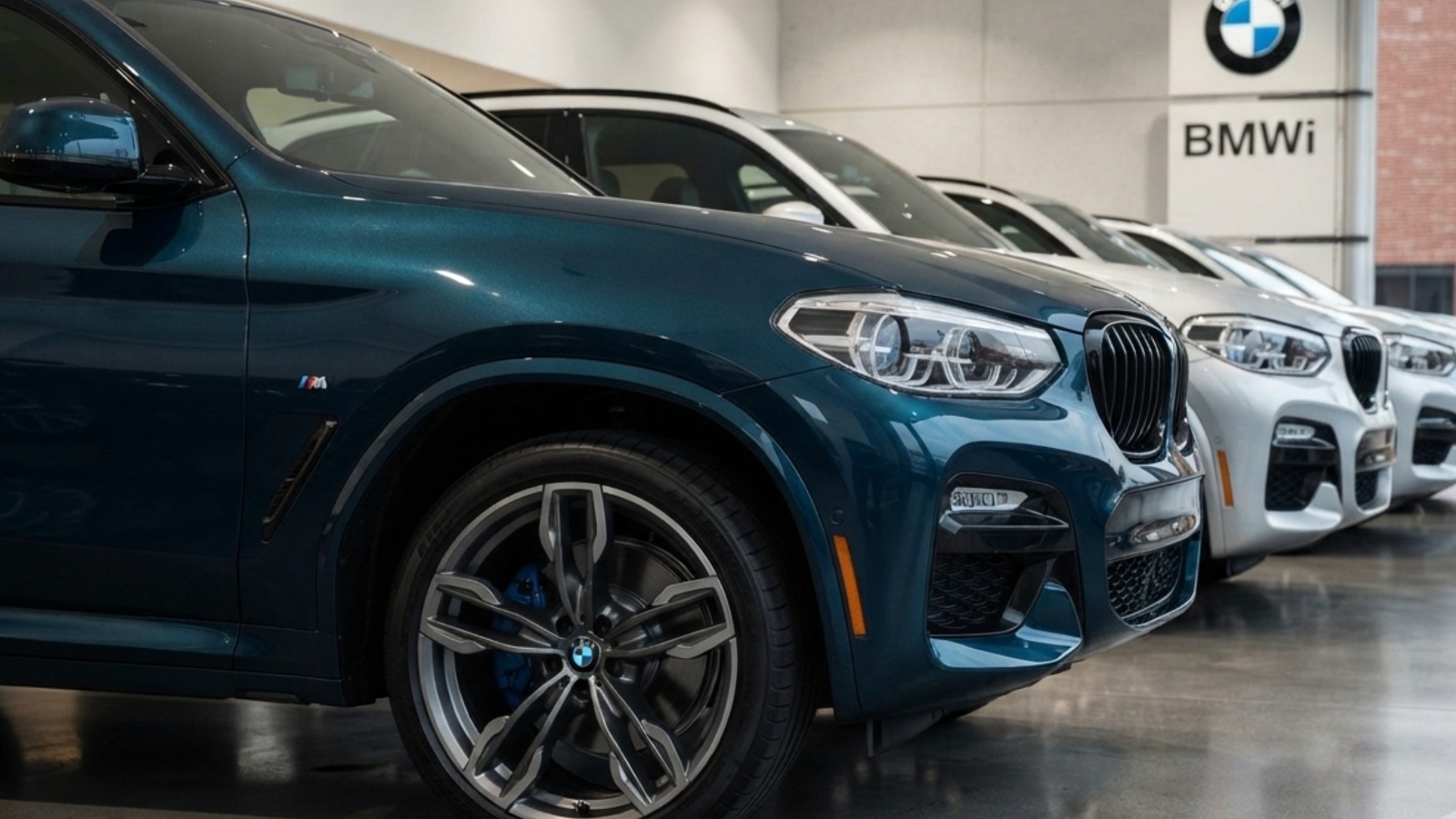 A row of modern BMW SUVs parked inside a brightly lit dealership showroom