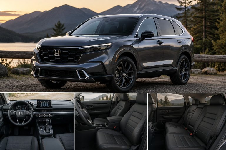 A dark grey Honda CR-V parked near a scenic mountain lake