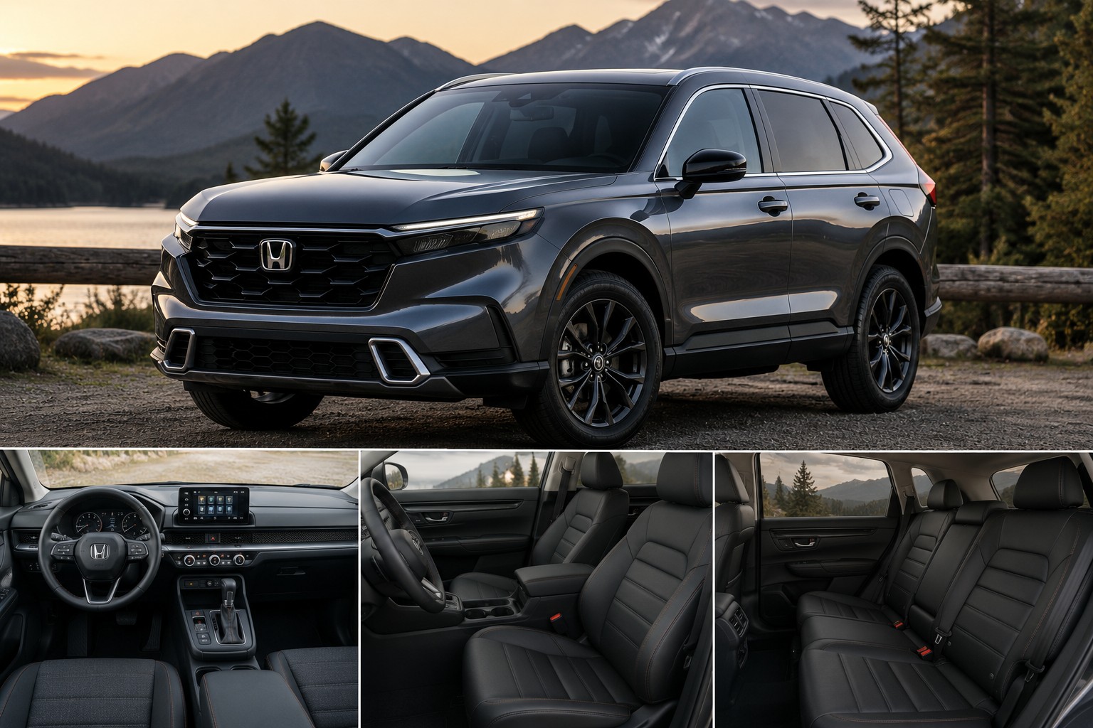 A dark grey Honda CR-V parked near a scenic mountain lake
