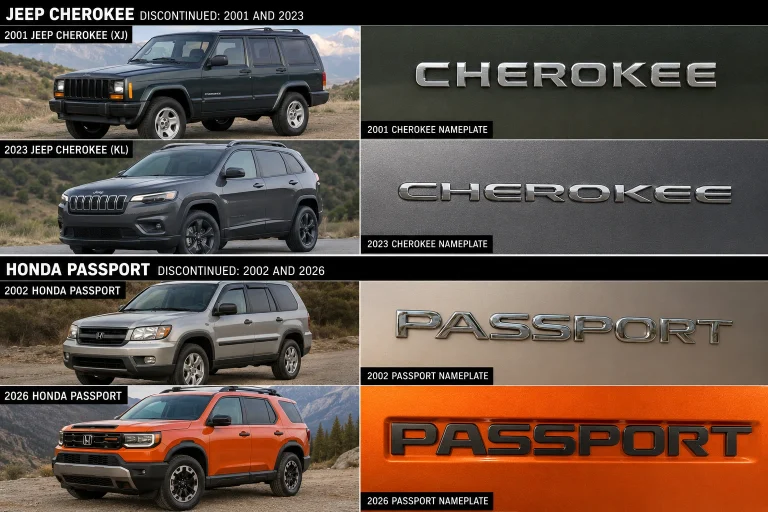 Nameplates of Jeep Cherokee and Honda Passport