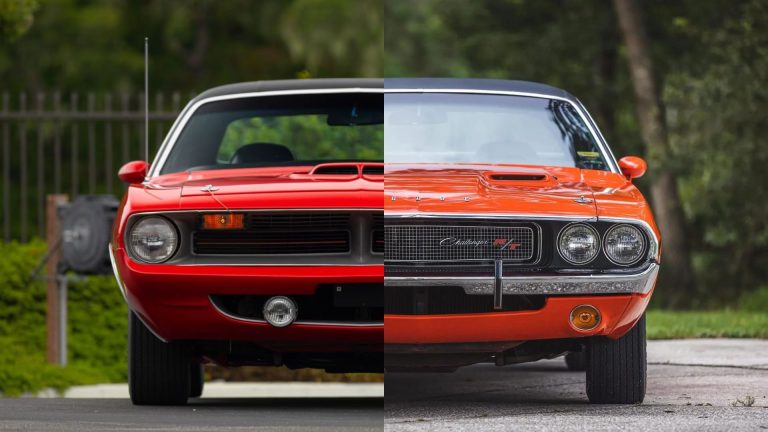 A split-screen image comparing the front views of two classic red muscle cars