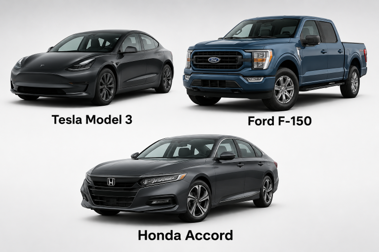 Tesla Model 3, Ford F 150 and Honda Accord