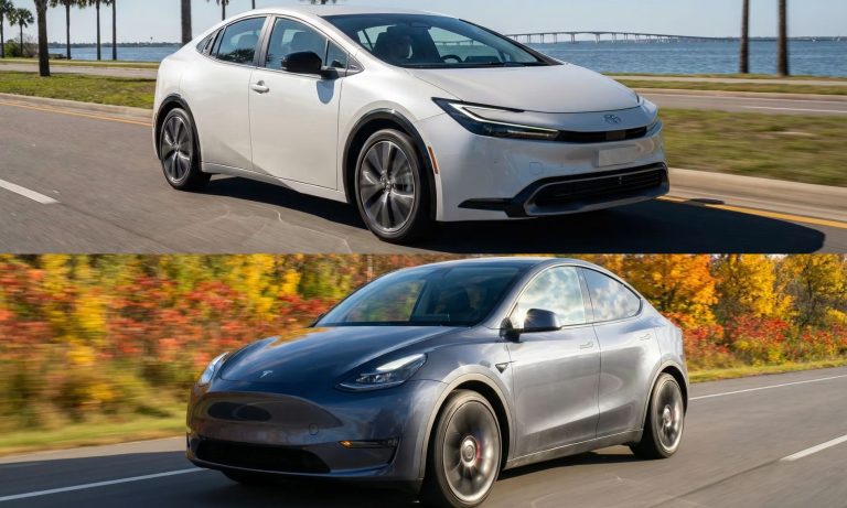 Toyota Prius ,and Tesla Model Y Long Range