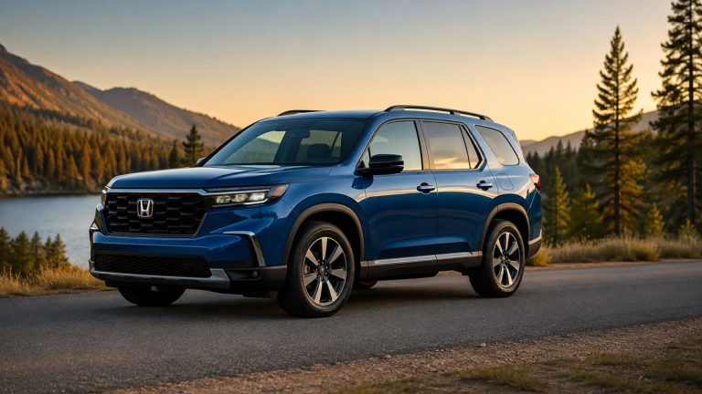 A modern blue Honda Pilot mid-size SUV parked on a scenic road during sunset, with mountains and pine trees in the background