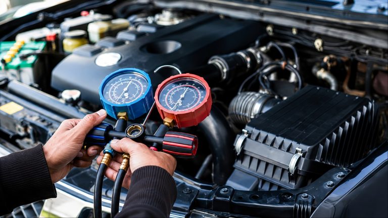 A mechanic is holding an AC repairing device