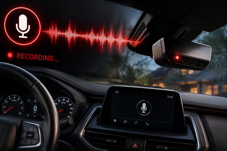 Modern car interior with microphone recording audio before voice assistant activation