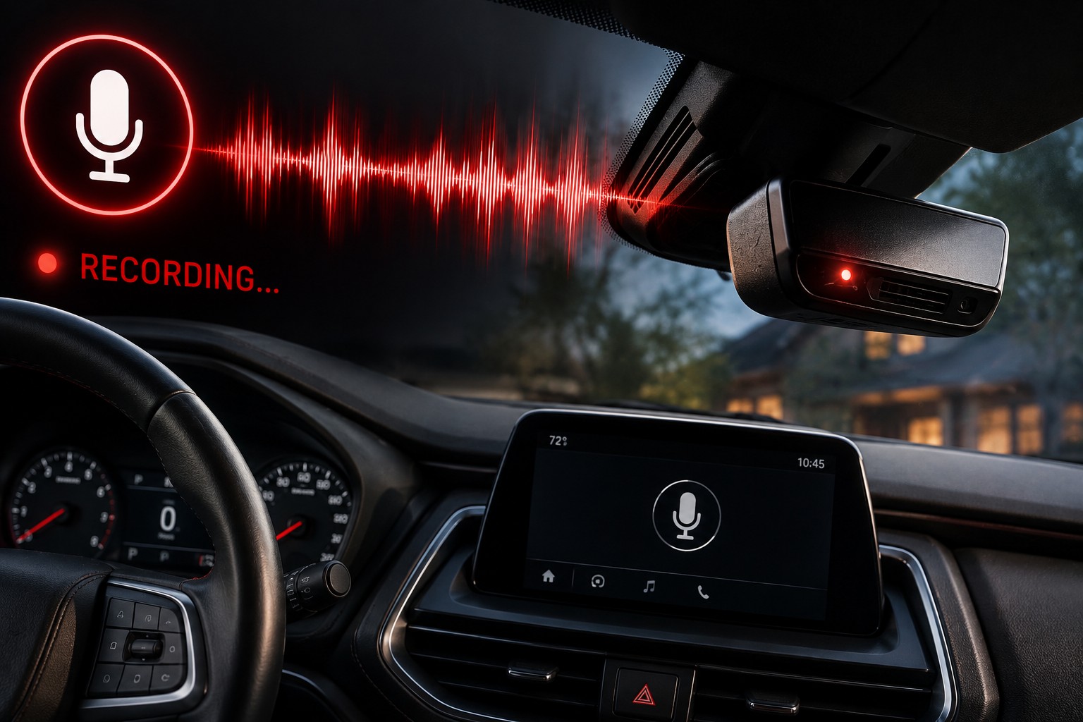 Modern car interior with microphone recording audio before voice assistant activation