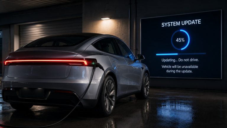 A silver electric car parked in a garage with a system update warning screen