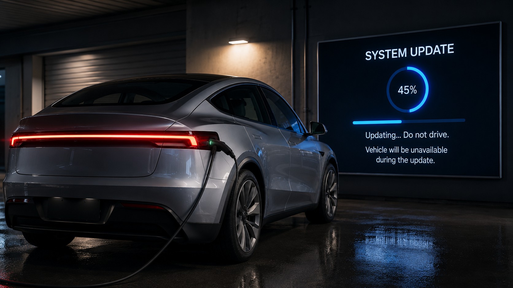 A silver electric car parked in a garage with a system update warning screen