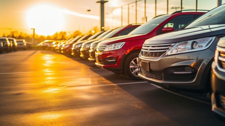 Rows of late-model cars parked on a dealership lot during sunset, highlighting vehicle resale values