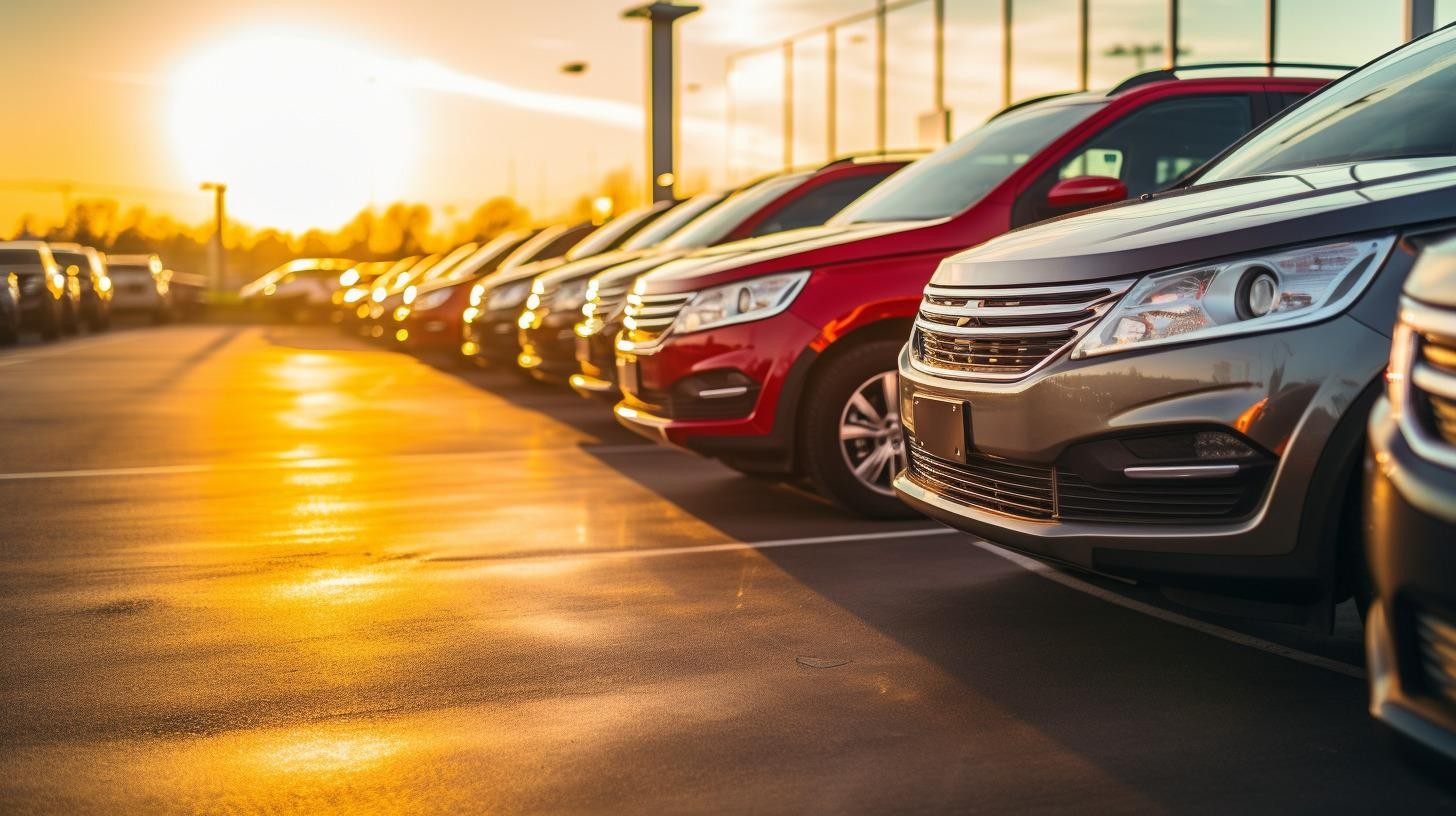 Rows of late-model cars parked on a dealership lot during sunset, highlighting vehicle resale values