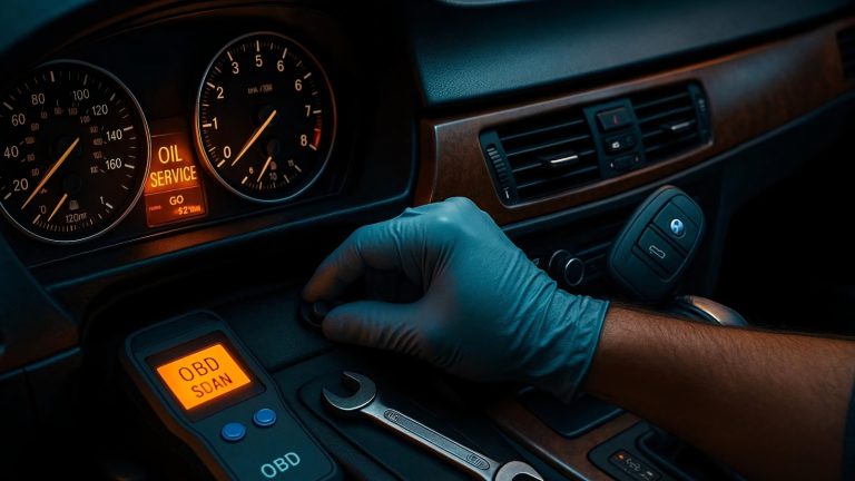 A gloved hand uses an OBD scanner tool to reset an oil service light.