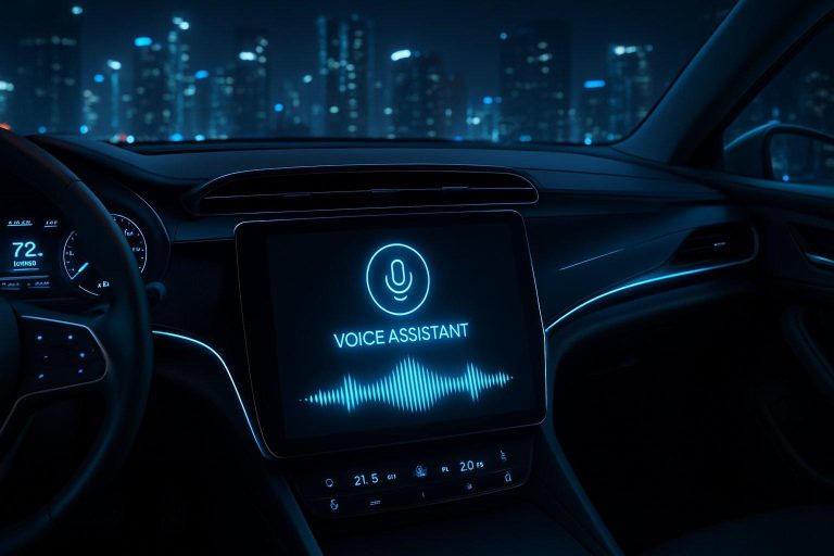 Car interior dashboard displaying a glowing voice assistant screen with a city skyline at night