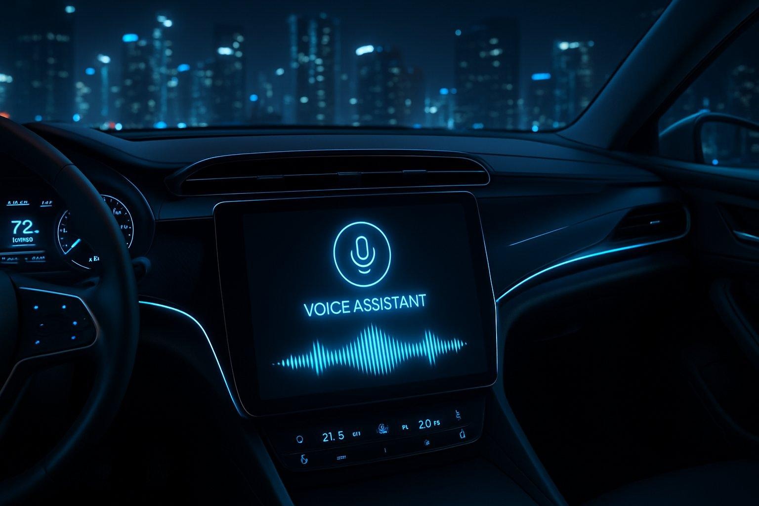 Car interior dashboard displaying a glowing voice assistant screen with a city skyline at night