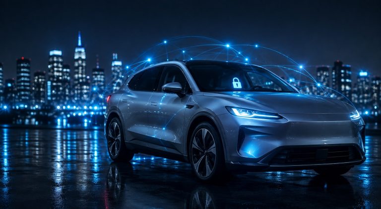 A modern connected car parked before a city skyline with glowing digital connection lines