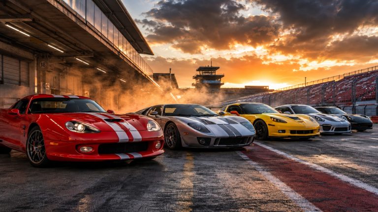 Several high-performance sports cars parked in a line at sunset